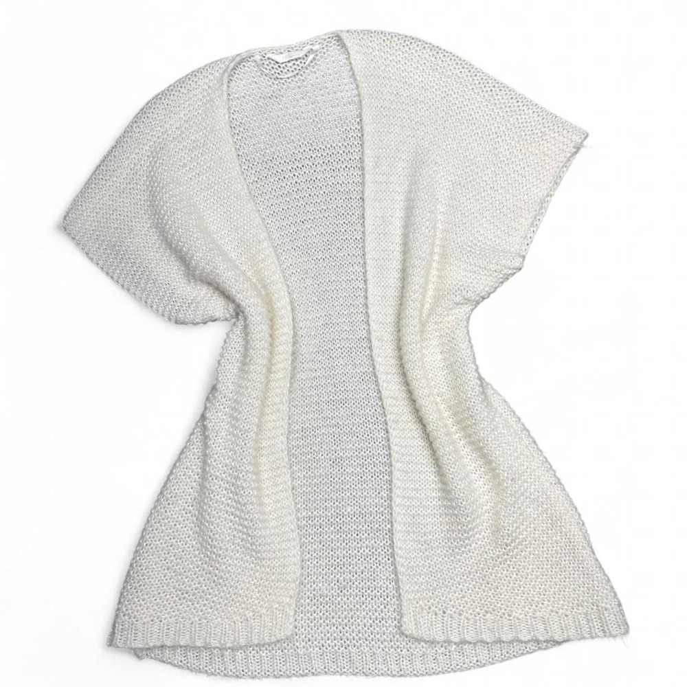 LC Lauren Conrad Crochet Cardigan M White Open Front Duster Knit Short Sleeve